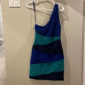 BCBGMaxAzria One-Shoulder Pleated Cocktail Dress in Blue and Teal